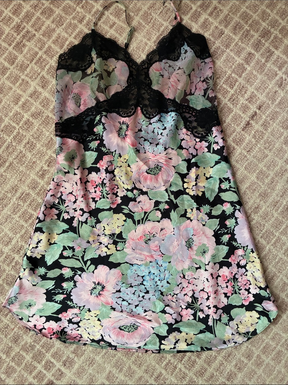 Victoria’s Secret vintage gold label Satin Lace Trim Slip Dress Pastel Flowers